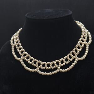 Avon 1987 Pearlized Lace Necklace Faux Pearl Beaded Bib Vintage Jewelry